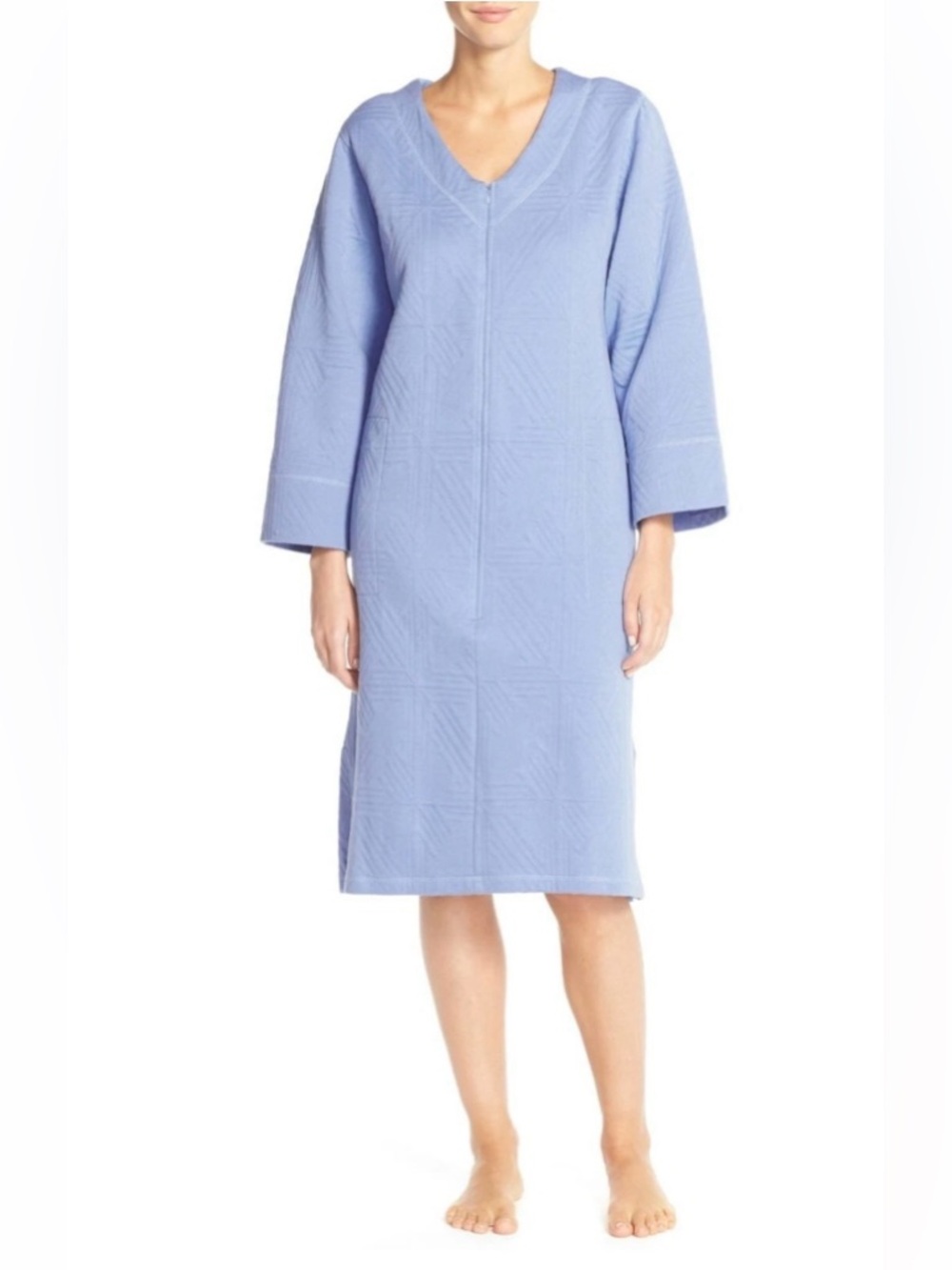 Natori Blue QUILTED COTTON Polyester Knit Zip Front Caftan Robe - XS